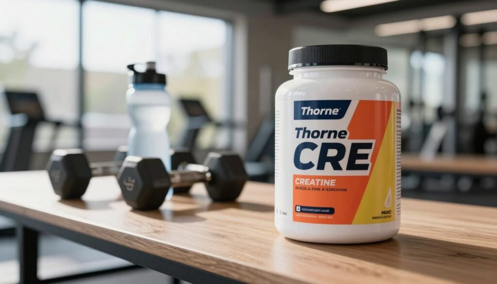 A visually striking display of "Thorne CRE" creatine packaging prominently placed in the foreground, showcasing a modern, sleek design with vibrant colors that convey performance and wellness. In the middle layer, include a well-lit table with fitness equipment like dumbbells and a water bottle, highlighting a healthy lifestyle. The background features a softly blurred gym environment with natural light streaming in through large windows, creating an inviting and motivating atmosphere. The angle captures the scene from a slight overhead perspective, emphasizing the creatine container and fitness elements. The overall mood is energetic and uplifting, reflecting the product's benefits for active individuals.