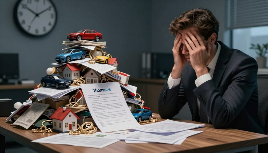 A visually striking illustration representing excessive collateral requirements. In the foreground, depict a worried businessperson in professional attire, examining a mountain of stacked assets like cars, homes, and jewelry, symbolizing overwhelming collateral demands. In the middle ground, include a table cluttered with contracts and financial documents, emphasizing the burden of paperwork and restrictions. The background should feature a dimly lit office space, with a large clock signaling time pressure. Use dramatic lighting to cast shadows, creating a tense and anxious atmosphere. The overall mood should reflect frustration and concern about over-commitment in financial offers. Incorporate the brand name "Thorne CRE" on a visible contract.