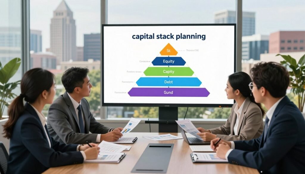 A visually striking image depicting "capital stack planning" for mixed-use and commercial real estate projects. In the foreground, a diverse group of professionals in business attire attentively discussing financial documents and charts on a sleek conference table. The middle ground features a large digital screen illustrating a colorful capital stack diagram, with various funding sources like equity, debt, and grants clearly labeled. In the background, the urban skyline of Kentucky is visible through large windows, showcasing a blend of modern architecture and green spaces. Warm, natural lighting floods in, creating an inviting atmosphere. The overall mood is focused and collaborative, emphasizing strategic planning and investment opportunities. Include subtle branding elements of "Thorne CRE" in the design of the documents and digital display.