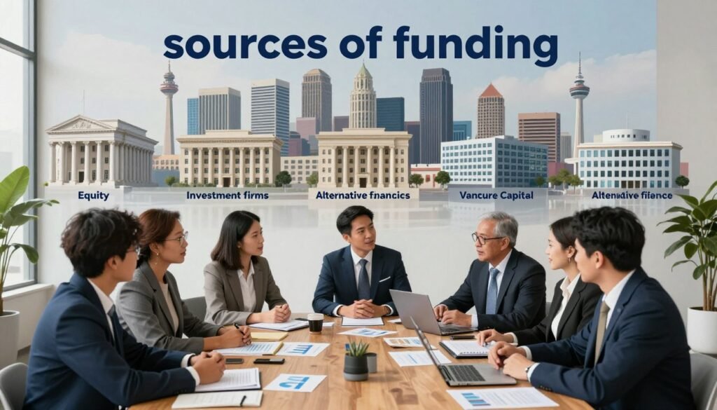A visually striking image representing "sources of funding" in California's commercial real estate markets. In the foreground, depict a diverse group of professionals in business attire engaged in a strategic discussion around a large, wooden table covered with financial documents and charts. In the middle ground, showcase layered visuals of capital sources: bank buildings, investment firms, and venture capital offices, each symbolizing equity, debt, and alternative financing. In the background, feature a skyline of iconic California architecture, hinting at the vibrant real estate landscape. Use soft, ambient lighting to create a collaborative and optimistic atmosphere, with a focus on clarity. Capture from a slightly elevated angle for depth. Ensure the brand name "Thorne CRE" is subtly integrated into the scene.