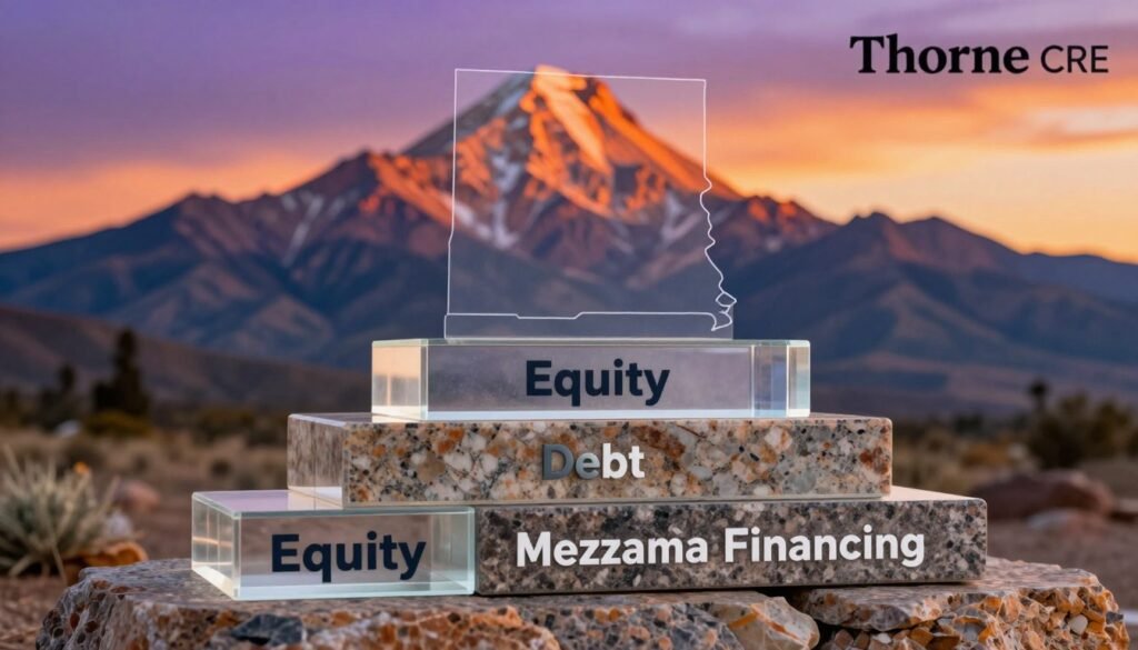 A visually striking representation of a capital stack conceptual diagram, specifically tailored for New Mexico commercial real estate. In the foreground, layers of transparent blocks labeled "Equity," "Debt," and "Mezzanine Financing" are arranged in a tiered structure, with clear, bold labels. Each layer is composed of materials that suggest solidity, such as granite and glass, reflecting New Mexico’s architectural style. In the middle ground, a faint outline of the New Mexico state outline provides context, while in the background, the iconic Sandia Mountains loom under a dramatic sunset, casting warm hues of orange and purple across the sky. The atmosphere is professional and optimistic, as if hinting at future growth. The image should be crisp and well-lit, with a slight depth of field to keep the focus on the capital stack, incorporating the brand name "Thorne CRE" elegantly in one corner without disrupting the overall design.