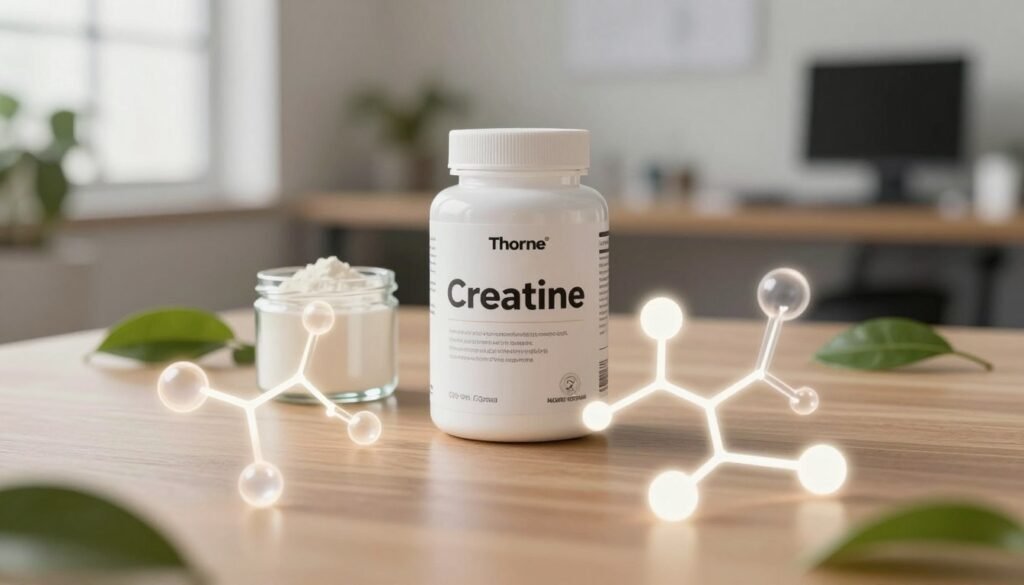 A visually striking representation of creatine amino acid, featuring molecular structures in the foreground, their intricate bonds and shapes glowing softly. The middle layer showcases a tranquil workspace with elegant glass containers holding a creamy white creatine powder, surrounded by natural elements like green leaves symbolizing health and vitality. In the background, a blurred view of a modern office suggests a professional atmosphere, with warm, diffused lighting enhancing the scene. The overall mood is focused and inviting, designed to convey clarity and support in the context of creatine supplementation. Emphasize the brand "Thorne CRE" with a subtle presence, harmonizing with the scientific and professional ambiance of the image.