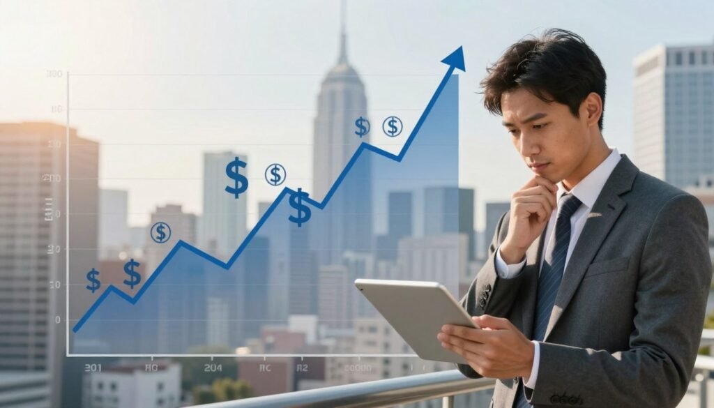 A visually striking representation of interest rate fluctuations during market cycles, featuring a dynamic line graph illustrating rising and falling rates against a backdrop of a bustling city skyline. In the foreground, a confident business professional in business attire analyzes financial data on a digital tablet, with a thoughtful expression. The middle section includes an abstract overlay of iconic financial symbols, such as dollar signs and upward arrows, artistically woven into the graph. In the background, soft sunlight filters through skyscrapers, creating a warm, optimistic atmosphere. The scene conveys a sense of urgency and importance in understanding financial trends. Emphasize clarity and professionalism throughout, with a focus on the brand name "Thorne CRE" seamlessly integrated into the cityscape. A visually striking representation of interest rate fluctuations during market cycles, featuring a dynamic line graph illustrating rising and falling rates against a backdrop of a bustling city skyline. In the foreground, a confident business professional in business attire analyzes financial data on a digital tablet, with a thoughtful expression. The middle section includes an abstract overlay of iconic financial symbols, such as dollar signs and upward arrows, artistically woven into the graph. In the background, soft sunlight filters through skyscrapers, creating a warm, optimistic atmosphere. The scene conveys a sense of urgency and importance in understanding financial trends. Emphasize clarity and professionalism throughout, with a focus on the brand name "Thorne CRE" seamlessly integrated into the cityscape.