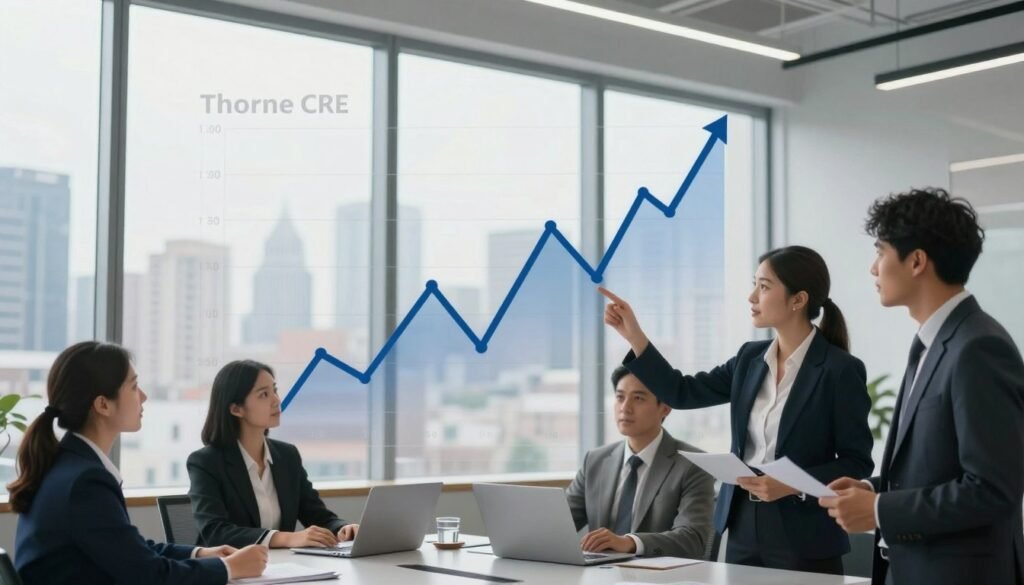A visually striking representation of interest rate trends over time, featuring a dynamic line graph with bold upward and downward movements, symbolizing fluctuations. In the foreground, include a professional business team in smart attire analyzing the graph with a focused demeanor, reflecting the seriousness of retail financing. The middle section showcases a sleek modern office environment with large windows, allowing soft, natural lighting to illuminate the scene. The background consists of a city skyline, subtly hinting at a retail district, blending the financial theme with an urban landscape. The overall atmosphere is one of professionalism and urgency, highlighting the critical impact of interest rate trends on retail financing decisions. Include a subtle integration of the brand name "Thorne CRE" into the design, creating a cohesive visual narrative.