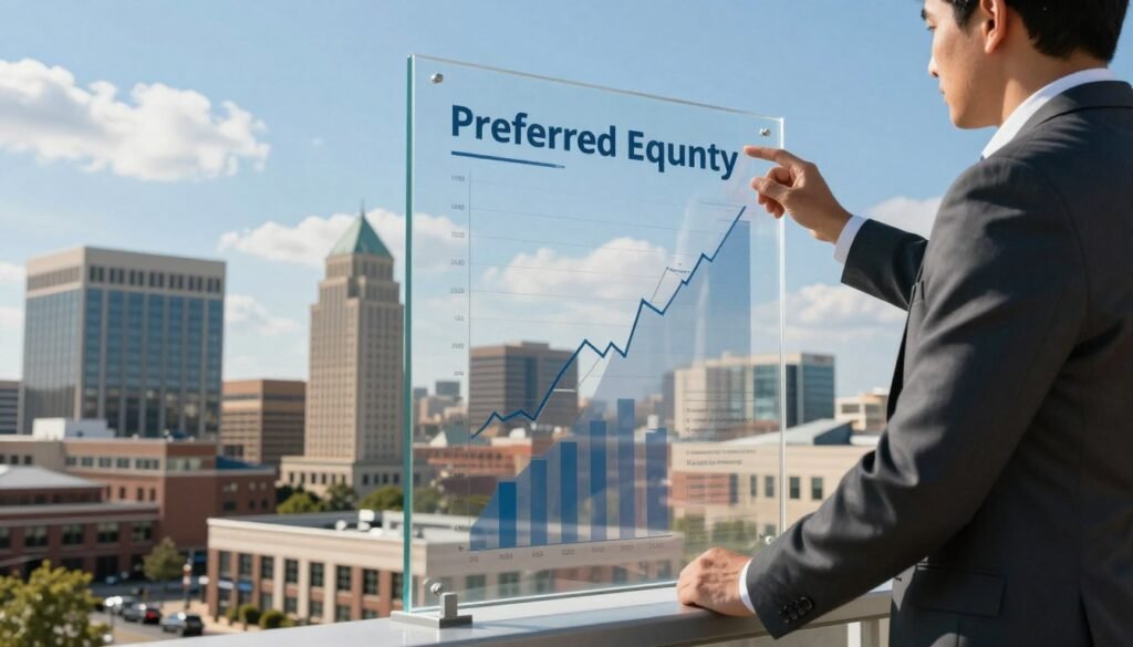 A visually striking representation of preferred equity in a Kansas commercial investment context. In the foreground, a professional businessperson in a tailored suit examines a large, transparent glass panel displaying financial graphs and charts, symbolizing growth and leverage. In the middle ground, rows of modern commercial buildings reflect the architecture of Kansas, highlighting the investment landscape. The background features a clear blue sky with soft cloud formations, evoking a sense of optimism and opportunity. The scene is illuminated with natural sunlight, casting soft shadows that enhance the three-dimensional feel. The camera angle is slightly elevated, capturing both the analyst and the vibrant cityscape. The atmosphere is focused and professional, conveying a message of strategic financial planning. Incorporate subtle branding elements of "Thorne CRE" within the financial panel, ensuring a cohesive and informative visual.