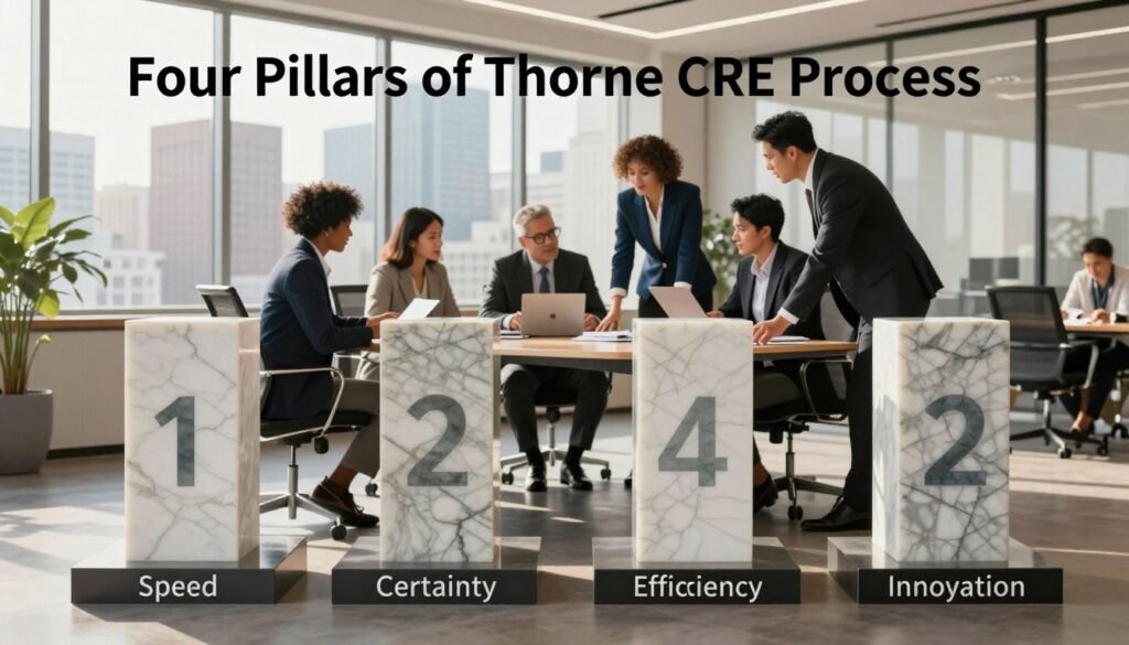 A visually striking representation of the "Four Pillars of Thorne CRE Process" in a modern office setting. In the foreground, four elegant, distinct pillars symbolize key elements of the process, crafted from polished marble, each uniquely inscribed with abstract designs representing speed, certainty, efficiency, and innovation. In the middle ground, a team of diverse professionals in business attire collaborates around a sleek conference table, analyzing documents and engaging in discussion, exuding a sense of urgency and purpose. The background features large windows allowing natural light to flood the space, illuminating a bustling city skyline. The atmosphere is energetic yet professional, conveying a seamless blend of innovation and reliability. The lighting is warm and inviting, enhancing the collaborative mood that reflects the Thorne CRE brand values.