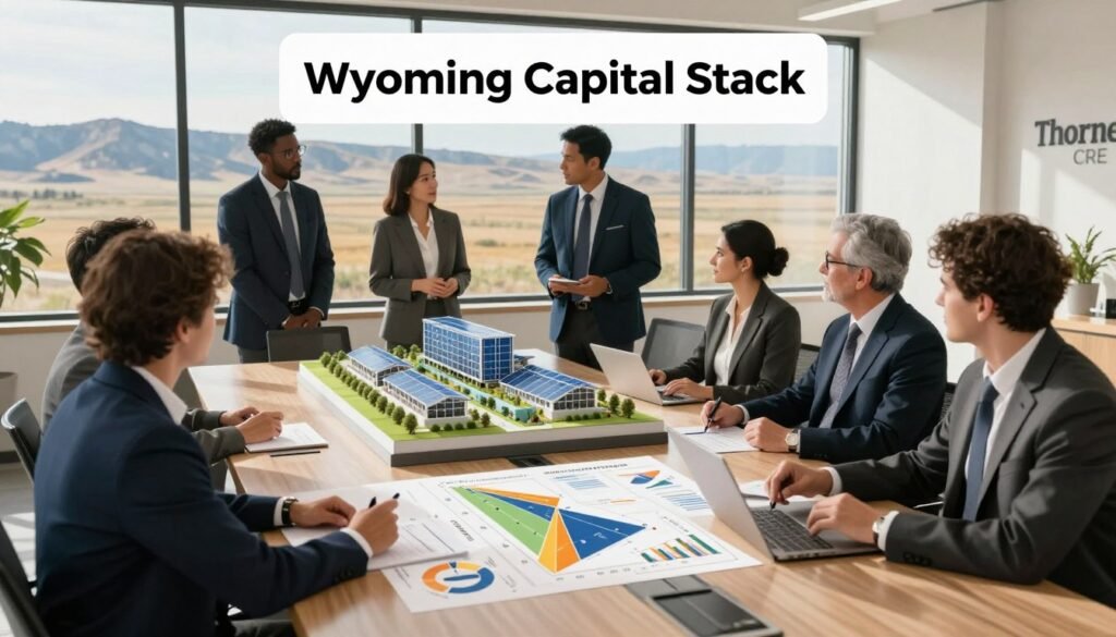 A visually striking representation of the "Wyoming Capital Stack" in commercial real estate, showcasing the core layers and providers. In the foreground, a professional business team in smart attire analyzes layered diagrams and financial charts on a sleek conference table. The middle ground features a diverse group of stakeholders discussing strategies, with models of energy-linked projects prominently displayed. Soft, natural lighting illuminates the scene, casting gentle shadows to enhance depth. In the background, expansive windows reveal the rugged Wyoming landscape, creating a connection to the local context. The atmosphere conveys collaboration and innovation, reflecting the intricate mechanics of capital stacks. Include the brand name "Thorne CRE" as part of the professional setting. Emphasize clarity and focus on the teamwork dynamic.