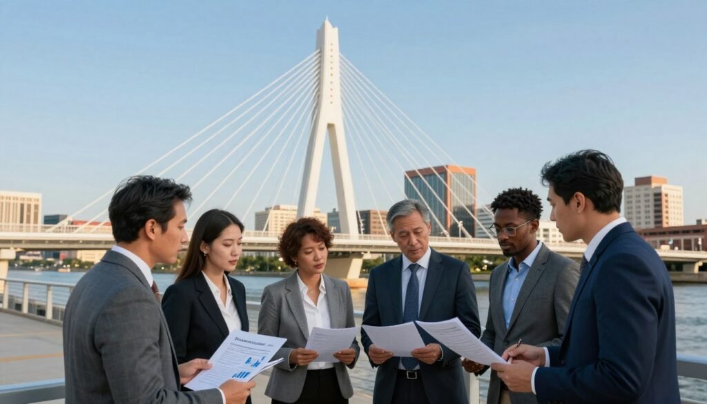 A visually striking scene showcasing a modern bridge under a clear blue sky, symbolizing the concept of bridge loans in commercial real estate financing. In the foreground, a diverse group of professionals in business attire engages in discussion, analyzing documents and financial data. In the middle ground, the bridge features sleek architectural lines, representing stability and connection. The background includes a vibrant cityscape of Alabama with contemporary buildings, emphasizing the commercial real estate environment. Soft, warm lighting bathes the scene, creating a professional yet inviting atmosphere. The overall mood is one of collaboration and strategic foresight, embodying the essence of financial decision-making. The brand name "Thorne CRE" is subtly integrated into the scene, reflecting a sense of trust and expertise.