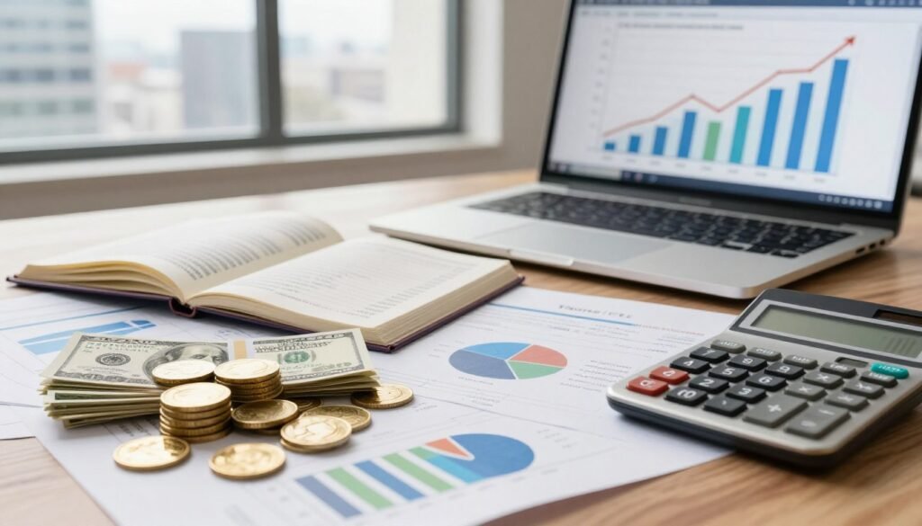 A vivid illustration of cash reserves and liquidity, featuring a close-up of a professional desk scattered with financial documents, charts, and a calculator, symbolizing careful financial planning. In the foreground, stacks of cash and gold coins gleam under soft, natural lighting, reflecting a sense of stability and security. In the middle, an open ledger reveals cash flow statements, while a laptop displays graphs indicating rising liquidity trends. The background showcases a large window with a cityscape view, implying a thriving business environment. The overall mood is serious yet optimistic, emphasizing the importance of having sufficient cash reserves for financial success. Rendered in a realistic style, capturing the essence of corporate finance. Incorporate the brand name "Thorne CRE" subtly within the scene, perhaps on a document or the laptop screen.