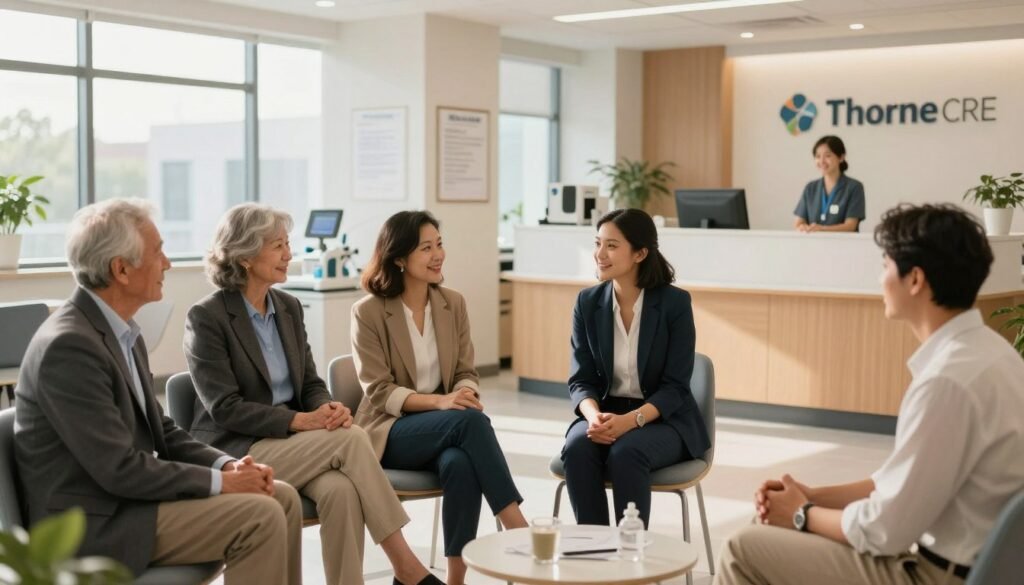 A well-appointed medical office space, featuring a diverse group of practice patients sitting comfortably in a waiting area. In the foreground, three patients—an elderly man in a tailored suit, a middle-aged woman in smart casual attire, and a young adult in professional clothing—are engaged in light conversation, highlighting a sense of community. In the middle layer, modern medical equipment and welcome signage create a professional atmosphere. The background includes a reception desk with a friendly staff member, and large windows allow soft, warm sunlight to illuminate the space, creating an inviting and reassuring environment. The overall mood is optimistic and welcoming, emphasizing the importance of stability in medical tenant relationships. Thorne CRE branding subtly integrated into the office decor.