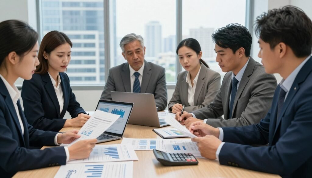A well-dressed group of diverse professionals engaged in a focused discussion around a conference table in a modern office. They are reviewing documents and financial reports, with a sleek laptop open, displaying graphs and charts, symbolizing management experience in small retail strip centers. The foreground features detailed project plans and a calculator, while the middle ground highlights the professionals in tailored suits, showcasing confidence and expertise. The background reveals a large window with a cityscape view, suggesting urban development potential. Soft, natural lighting pours in, creating a collaborative and productive atmosphere. The image should evoke a sense of professionalism and strategic planning. Include a subtle logo of "Thorne CRE" on the table, enhancing the business context. A well-dressed group of diverse professionals engaged in a focused discussion around a conference table in a modern office. They are reviewing documents and financial reports, with a sleek laptop open, displaying graphs and charts, symbolizing management experience in small retail strip centers. The foreground features detailed project plans and a calculator, while the middle ground highlights the professionals in tailored suits, showcasing confidence and expertise. The background reveals a large window with a cityscape view, suggesting urban development potential. Soft, natural lighting pours in, creating a collaborative and productive atmosphere. The image should evoke a sense of professionalism and strategic planning. Include a subtle logo of "Thorne CRE" on the table, enhancing the business context.