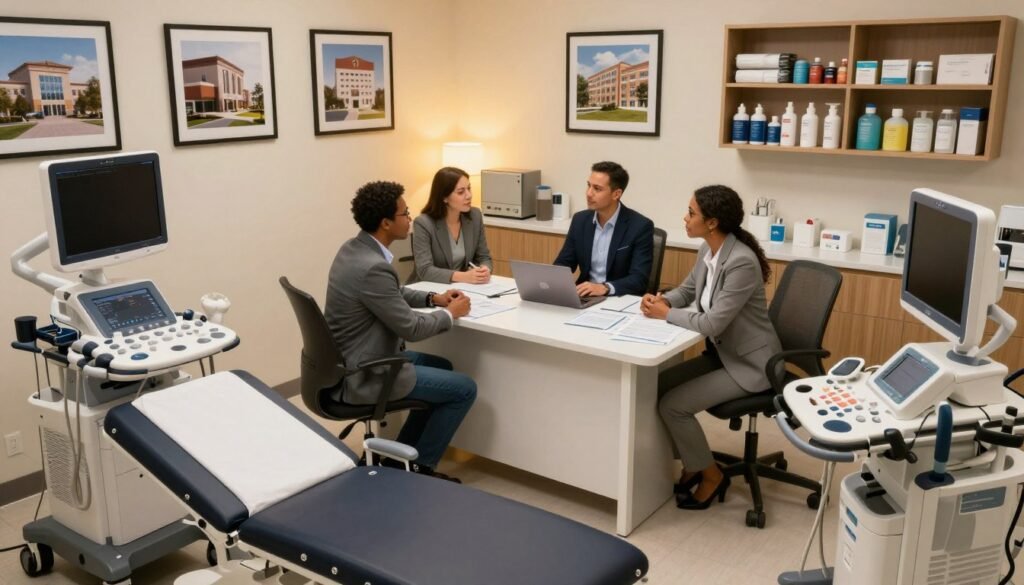 A well-lit medical office space showcasing diverse healthcare equipment and tools that reflect growth potential. In the foreground, include a modern examination table and medical devices like a digital blood pressure monitor and an ultrasound machine, accentuated by warm, inviting lighting. The middle layer features a professional, diverse team in business attire discussing medical equipment financing, with a laptop and financial documents spread out on a sleek desk. The background displays a wall with framed images of successful medical facilities and an organized shelving unit with medical supplies. Use a slightly angled aerial perspective to capture the dynamic environment. The atmosphere should convey professionalism, collaboration, and innovation, emphasizing the theme of growth in healthcare. Include the brand logo "Thorne CRE" subtly integrated into the design.