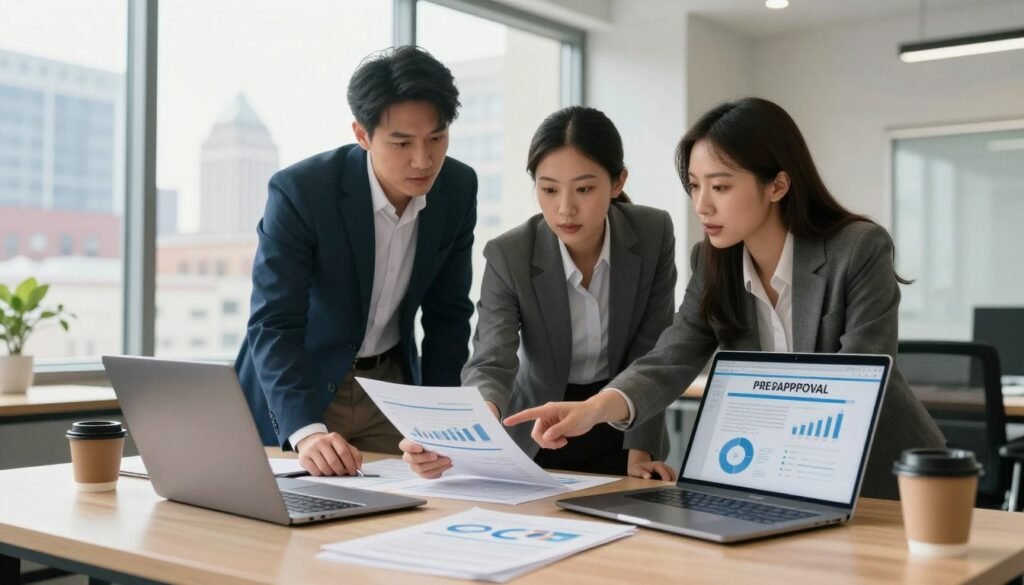 A well-lit office environment showcasing a group of three professionals engaged in a discussion about a commercial real estate financing application. In the foreground, a neatly organized desk with documents, a laptop, and a coffee mug, symbolizing the application pre-approval process. The middle layer features two individuals, a man and a woman, dressed in professional business attire, reviewing documents and pointing at charts on a laptop screen, their expressions focused and collaborative. In the background, a large window lets in natural light, revealing a cityscape view of Mississippi, enhancing the setting's authenticity. The atmosphere is one of productivity and anticipation, with soft shadows creating a warm yet professional mood, suggesting the seriousness of the application process.