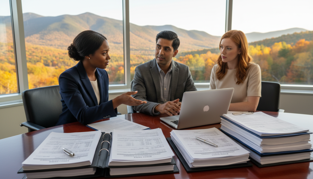 A well-organized commercial lending package displayed prominently on a sleek, polished wooden desk. In the foreground, a neatly stacked collection of documents, including financial statements, property appraisals, and loan applications, arranged beside a modern laptop and a stylish pen. The middle ground features a confident, diverse group of professionals in smart business attire, engaging in discussion while reviewing the documents. They exude focus and determination, reflecting a collaborative atmosphere. The background showcases floor-to-ceiling windows with a view of Vermont's picturesque landscape, subtly illuminated by warm, natural light. The composition is captured from a slight elevation angle, emphasizing professionalism and productivity, while a calm, optimistic mood permeates the scene.