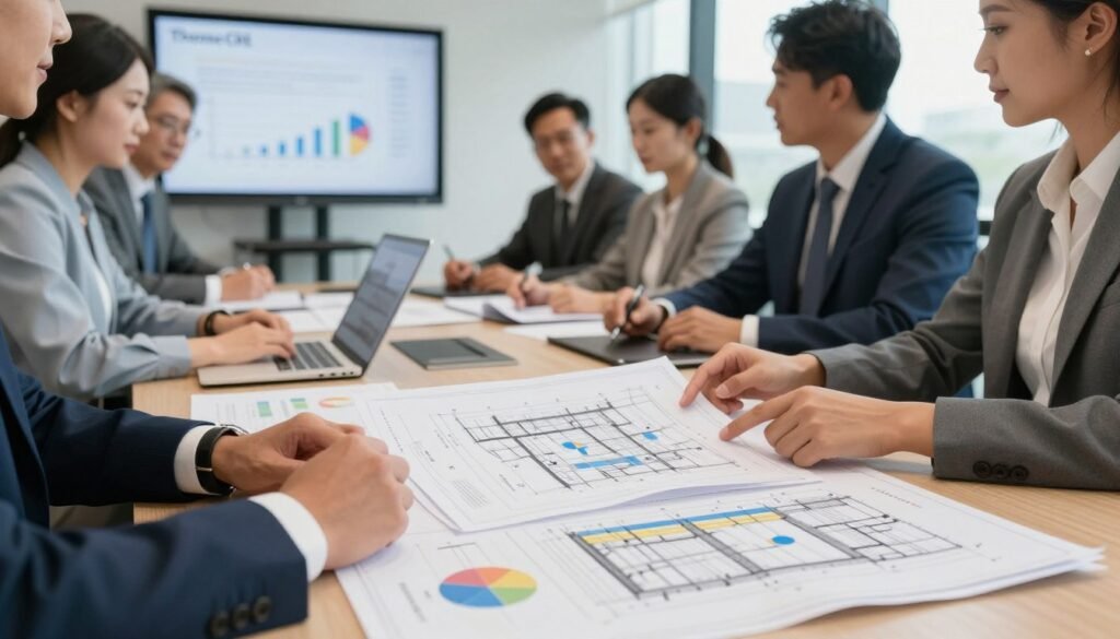A well-organized construction financing meeting scene featuring a diverse group of professionals in business attire examining project plans and blueprints around a conference table. In the foreground, a close-up of detailed construction documents showcasing graphs and charts related to project budgets and financing options. In the middle ground, individuals engaged in discussion, pointing at specific charts, with a sense of collaboration and focus. The background includes a modern office setting with large windows allowing natural light to fill the room, creating an optimistic atmosphere. Soft lighting enhances the professionalism of the scene. Overall, convey success and clarity in construction financing with the visible brand name "Thorne CRE" subtly displayed on a presentation screen.