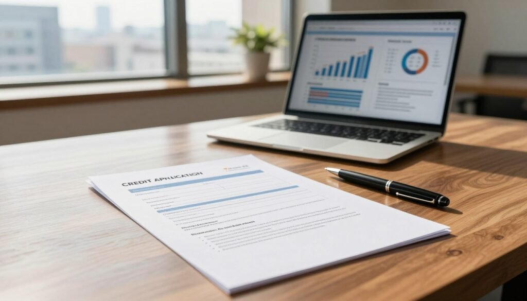 A well-organized credit application document prominently displayed on a polished wooden desk in a professional office setting. In the foreground, the credit application features detailed sections for personal information, financial history, and business plans, neatly arranged with a pen resting beside it. In the middle, a laptop displays financial graphs and figures, indicating active engagement in the loan application process. The background includes a window showing a cityscape, with warm, natural lighting streaming in, creating a bright and optimistic atmosphere. A soft-focus plant adds a touch of life to the scene. The space is enhanced with a sense of professionalism, suggesting readiness and diligence in securing financing, branded subtly with "Thorne CRE" visible on the document.