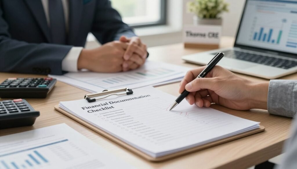 A well-organized desk scene showcasing a "Financial Documentation Checklist" with a clean layout. In the foreground, an elegant clipboard with a checklist, featuring items like "Income Statements," "Balance Sheets," and "Tax Returns," neatly written. Surrounding the clipboard are professional-looking financial documents, a calculator, and a laptop displaying a graph. In the middle ground, a pair of hands dressed in a crisp, business attire gently holding a pen to mark off items on the checklist. The background is softly blurred, emphasizing a tidy office environment with warm, natural lighting coming from a window, creating a focused and professional atmosphere. The brand "Thorne CRE" subtly appears on a small office sign in the background, underscoring the importance of preparation in financial processes.
