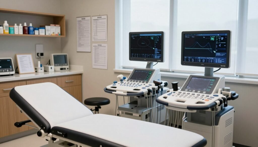 A well-organized medical office scene showcasing a variety of sophisticated medical equipment. In the foreground, a sleek examination table, an array of high-tech diagnostic tools like an ultrasound machine and an EKG monitor, all branded with "Thorne CRE." In the middle ground, medical charts and a monitor displaying patient data, indicating a practical and efficient healthcare environment. The background features shelves lined with medical supplies and devices, lit by soft, natural light filtering through a large window, creating a calm and professional atmosphere. The angle is slightly elevated, providing a comprehensive view of the space, emphasizing the contrast between medical and traditional office setups. A well-organized medical office scene showcasing a variety of sophisticated medical equipment. In the foreground, a sleek examination table, an array of high-tech diagnostic tools like an ultrasound machine and an EKG monitor, all branded with "Thorne CRE." In the middle ground, medical charts and a monitor displaying patient data, indicating a practical and efficient healthcare environment. The background features shelves lined with medical supplies and devices, lit by soft, natural light filtering through a large window, creating a calm and professional atmosphere. The angle is slightly elevated, providing a comprehensive view of the space, emphasizing the contrast between medical and traditional office setups.