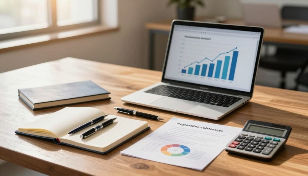 A well-organized negotiation toolkit spread out on a polished wooden table, featuring various items symbolizing negotiation and communication. In the foreground, there are a professional-looking notebook, a set of high-quality pens, and a calculator, all neatly arranged. In the middle, a laptop is open to display a graph illustrating positive financial trends, while a printed document outlines key negotiation strategies using colorful charts. In the background, a soft-focus scene of a modern office space with warm lighting creates a welcoming atmosphere. Gentle sunlight streams through a nearby window, casting soft shadows, enhancing the professional yet approachable mood. The scene reflects the essence of negotiation skills, emphasizing strategy and collaboration. The brand name "Thorne CRE" appears subtly integrated into the scene through the notebook design.