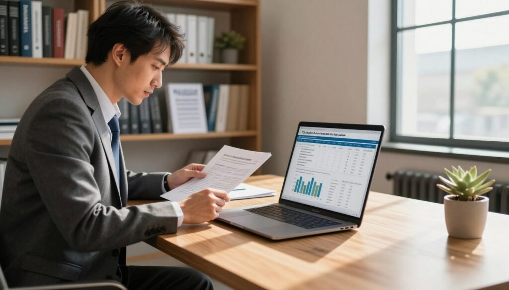 A well-organized office space designed for medical professionals, showcasing underwriting criteria for medical office loans. In the foreground, a polished wooden desk with a laptop open, displaying graphs and spreadsheets related to financing. To the left, a confident business professional in a tailored suit, analyzing documents with a focused expression. In the middle ground, shelves filled with medical books and brochures about healthcare financing. The background features a large window with natural light streaming in, illuminating the room and creating a warm atmosphere. Soft shadows add depth and make the scene inviting. The overall mood conveys professionalism and clarity, embodying the essence of financial decision-making in the medical field. Include the brand name "Thorne CRE" subtly incorporated into the desk decor.