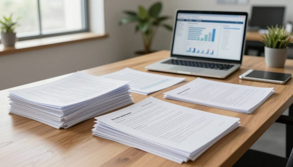 A well-organized office space featuring a large wooden desk cluttered with various financial documents and underwriting paperwork crucial for accelerating the underwriting process. In the foreground, a neatly stacked pile of documents labeled “Income Statements,” “Tax Returns,” and “Debt Schedules,” all meticulously arranged. In the middle ground, a laptop displays financial software with charts and graphs. The background shows a large window letting in natural light, illuminating the space, and a potted plant adding a touch of greenery. Soft, ambient lighting creates a professional atmosphere. The scene conveys a sense of urgency and organization, reflecting the importance of preparing documents efficiently. Include a subtle logo of "Thorne CRE" on a notepad for branding. A well-organized office space featuring a large wooden desk cluttered with various financial documents and underwriting paperwork crucial for accelerating the underwriting process. In the foreground, a neatly stacked pile of documents labeled “Income Statements,” “Tax Returns,” and “Debt Schedules,” all meticulously arranged. In the middle ground, a laptop displays financial software with charts and graphs. The background shows a large window letting in natural light, illuminating the space, and a potted plant adding a touch of greenery. Soft, ambient lighting creates a professional atmosphere. The scene conveys a sense of urgency and organization, reflecting the importance of preparing documents efficiently. Include a subtle logo of "Thorne CRE" on a notepad for branding.