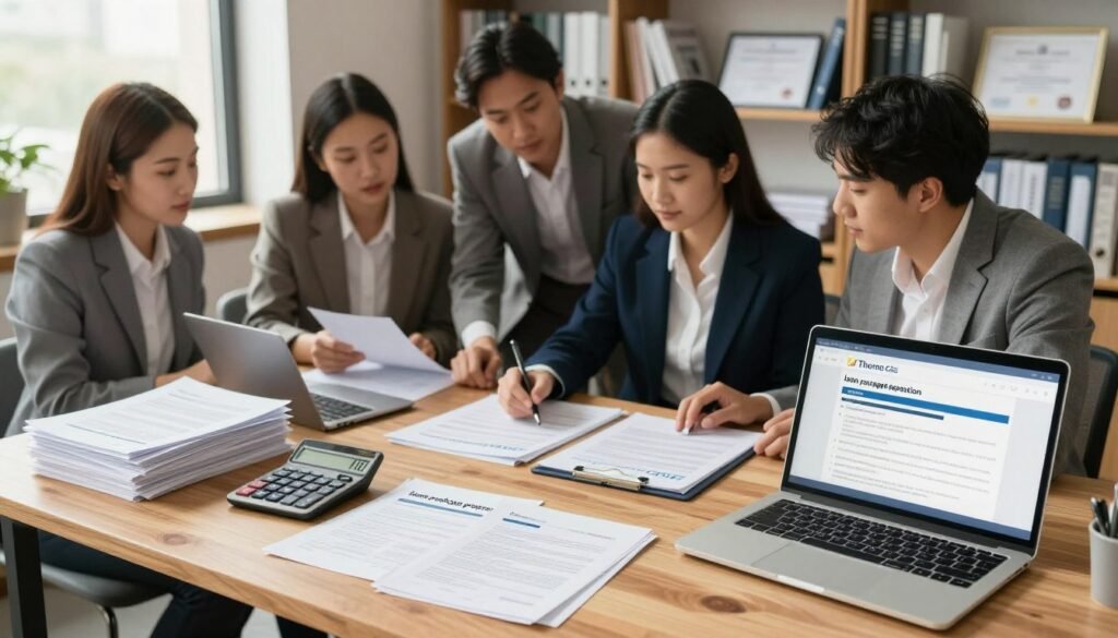 A well-organized office workspace focused on "loan package preparation." In the foreground, a wooden desk with neatly stacked documents, a calculator, and a laptop displaying loan templates. The middle ground features a professional, diverse group of individuals in business attire, collaborating over the documents, their expressions focused and engaged. The background has shelves filled with finance books and certificates, conveying a sense of professionalism. Soft, natural light filters through a nearby window, creating a warm and inviting atmosphere. The camera angle is slightly overhead, capturing the details of the workspace and the collaborative effort. The brand name "Thorne CRE" is subtly represented in the form of a logo on the laptop's display, enhancing the professional context of the scene.