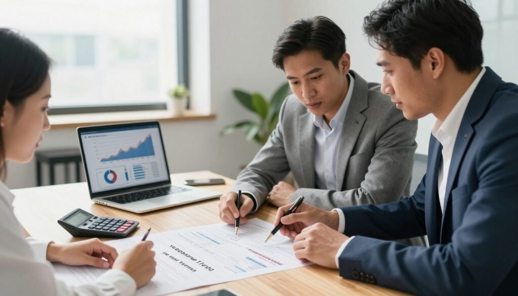 A well-organized, visually appealing workspace focused on negotiating loan terms. In the foreground, a diverse group of three professionals—two men and one woman—dressed in business attire, intensely discussing over a large document spread out on a wooden table, highlighting rates, fees, and payment terms. In the middle ground, a laptop displays graphs and charts with fluctuating rates, while a calculator lies nearby, suggesting careful calculations. The background features a bright, modern office environment with large windows letting in natural light, casting soft shadows. The atmosphere feels collaborative and focused, emphasizing careful strategy and negotiation. A subtle branding element of "Thorne CRE" is included in the design of the workspace, enhancing professionalism. The scene is captured with a slight depth of field, drawing attention to the group and their documentation.