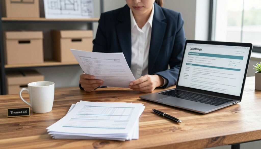 A well-organized workspace, featuring a polished wooden desk and a laptop open to a detailed loan application form for self-storage facilities. In the foreground, a stack of financial documents, including spreadsheets, an empty coffee cup, and a pen, convey diligence and professionalism. In the middle ground, a business-ready individual, dressed in professional attire, is reviewing documents with a focused expression. The background showcases shelves with storage boxes and construction blueprints, hinting at self-storage developments. Soft natural lighting streams in from a nearby window, creating a warm yet professional atmosphere. The scene subtly includes the brand name "Thorne CRE" on a small desk plaque, adding a layer of authenticity to the finance-focused environment.