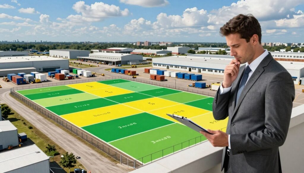Aerial view of an underutilized industrial land plot with clear delineations for outdoor storage, displaying marked sections representing different rent per acre values in various shades of green and yellow. In the foreground, a professional man in a tailored business suit examines a clipboard, analyzing the land with a thoughtful expression. The middle ground features open areas filled with neatly organized storage containers, industrial machinery, and boundary fencing, all under a bright blue sky with fluffy clouds. The background showcases a skyline of warehouses and factories, suggesting a thriving industrial context. The scene is well-lit, with sunlight casting gentle shadows, creating a hopeful and informative atmosphere. Thorne CRE branding subtly integrated into the lower right corner.
