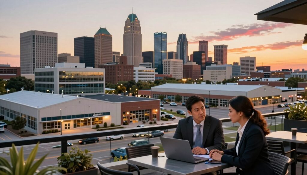 An Oklahoma cityscape at dusk showcasing a diverse range of commercial real estate financing options. In the foreground, a well-dressed professional couple discussing plans over a laptop at a sleek outdoor café table. The middle ground features modern office buildings, retail spaces, and warehouses, illustrating various loan types. Background components include the vibrant skyline of Oklahoma City under a colorful sunset, enhancing the scene's professional atmosphere. Use soft golden-hour lighting to cast warm highlights, giving the image an optimistic feel. The composition should be captured from a slight angle, focusing on depth and clarity, emphasizing the commercial properties that symbolize the financing strategies discussed.