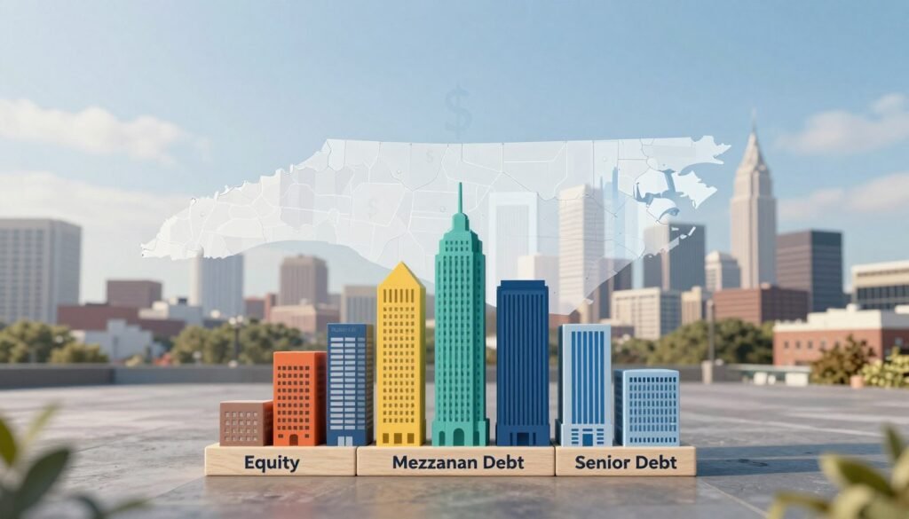 An abstract representation of a capital stack, illustrating the core layers of commercial real estate (CRE) financing in North Carolina. In the foreground, prominently feature diverse vertical layers, each labeled with terms like "Equity", "Mezzanine Debt", and "Senior Debt", depicted as colorful blocks or buildings rising from a base. The middle ground should include a stylized map of North Carolina, indicating its growing urban areas, with subtle hints of financial symbols like dollar signs and graphs integrated into the design. In the background, a skyline of North Carolina’s cities under a clear blue sky showcases a professional atmosphere. Use soft, natural lighting to create a welcoming feel, captured with a wide-angle lens for an expansive view. No text or logos should appear other than a subtle inclusion of "Thorne CRE" on one of the blocks.