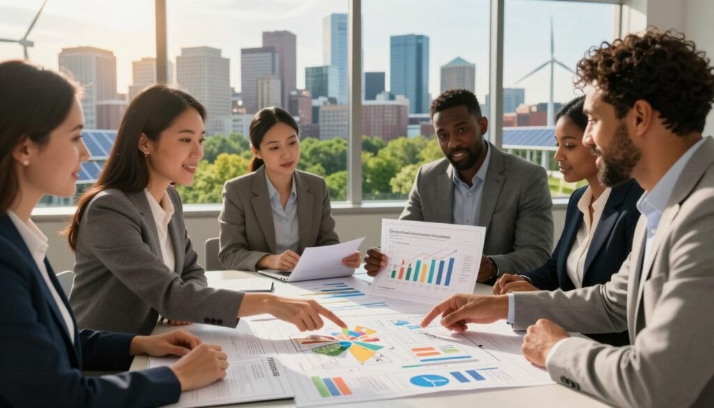 An artistic representation of resilient funding for community projects in Massachusetts, featuring a diverse group of professionals in business attire collaborating around a table filled with blueprints and charts. In the foreground, a confident woman of Asian descent points to a detailed creative design, while a Black man gestures towards a visual chart highlighting community investment data. In the middle ground, large windows reveal a vibrant Boston skyline with green parks symbolizing sustainable development. The background shows subtle hints of renewable energy sources like wind turbines and solar panels, illustrating climate-driven investments. Golden hour lighting fills the scene with an optimistic glow, enhancing the atmosphere of hope and collaboration, showcasing the brand name "Thorne CRE" subtly integrated within the design materials on the table.