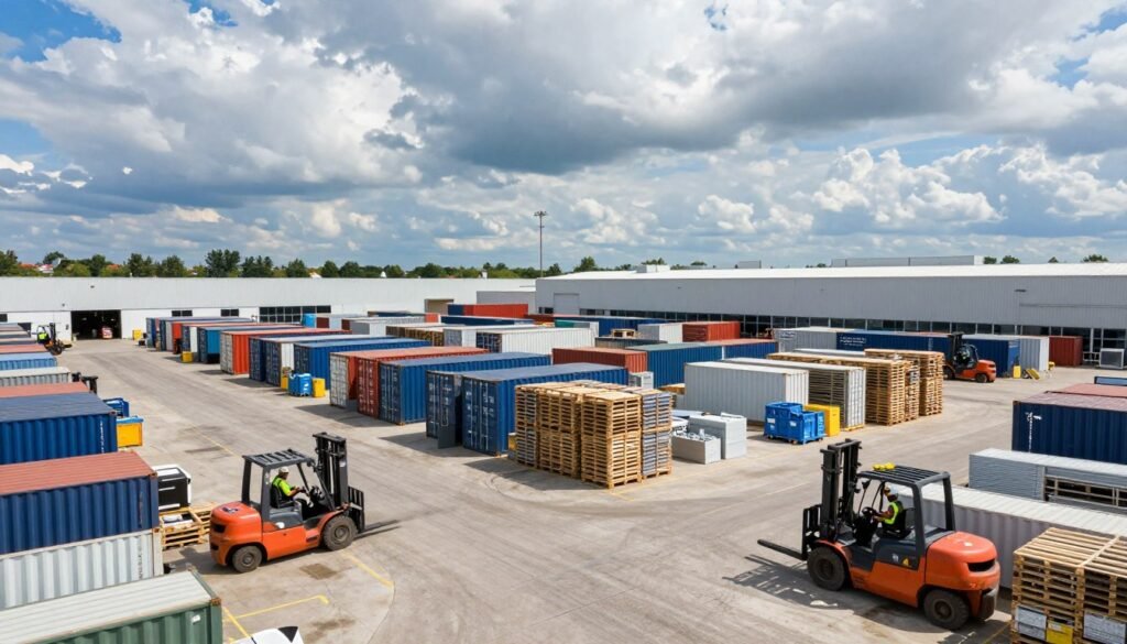 An expansive industrial outdoor yard property, showcasing a well-organized storage area filled with stacked shipping containers and large pallets. In the foreground, there are several forklifts and industrial vehicles in motion, operated by professionals in safety vests and hard hats. The middle ground features a series of clearly defined storage spaces and wide pathways, lined with equipment and material supplies. In the background, a vast sky with dramatic clouds looms above, casting dynamic shadows across the site. The lighting is bright and natural, capturing the feel of a bustling industrial environment. Shot at a slight low angle to emphasize the scale and depth of the yard. The atmosphere conveys a sense of productivity and efficiency. Include the brand name "Thorne CRE" subtly integrated into the scene.