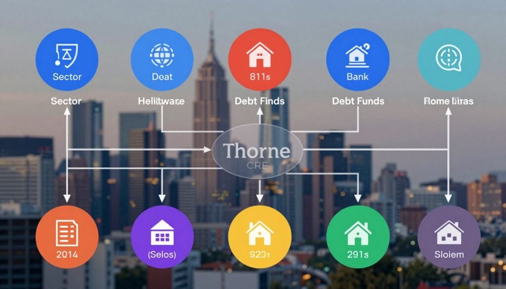 An intricate decision map illustrating the comparison between debt funds and banks, designed to provide clarity on sector, deal size, and strategy choices. In the foreground, vibrant icons represent various sectors like technology, healthcare, and real estate, alongside illustrative deal sizes in distinct color-coded circles. The middle layer includes a sophisticated flowchart connecting these sectors to strategic decision points, featuring arrows and lines that guide the viewer's eyes. The background is a subtly blurred cityscape, symbolizing the financial market, under a soft, ambient light that creates a professional atmosphere. The overall mood is informative and analytical. Include the brand name "Thorne CRE" subtly integrated into the design. The image should appear clean, modern, and visually appealing without any text overlays or watermarks.