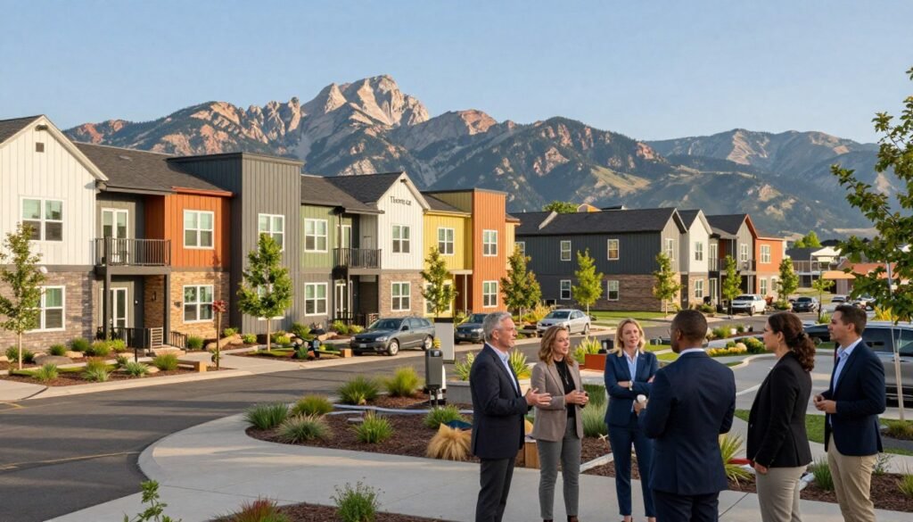An inviting scene of affordable housing units in Colorado, showcasing a vibrant community atmosphere. In the foreground, a diverse group of individuals in professional business attire are engaged in conversation, gesturing towards the housing complex. The middle ground features modern, eco-friendly buildings with colorful facades, surrounded by landscaped gardens and communal spaces. The background reveals the stunning Rocky Mountains under a clear blue sky, emphasizing the picturesque Colorado setting. Soft, warm lighting creates an optimistic and welcoming mood, while a wide-angle perspective captures the scale and community focus of the development. Highlight the brand name "Thorne CRE" subtly integrated into the design elements of the buildings, ensuring the overall composition remains professional and inspiring. An inviting scene of affordable housing units in Colorado, showcasing a vibrant community atmosphere. In the foreground, a diverse group of individuals in professional business attire are engaged in conversation, gesturing towards the housing complex. The middle ground features modern, eco-friendly buildings with colorful facades, surrounded by landscaped gardens and communal spaces. The background reveals the stunning Rocky Mountains under a clear blue sky, emphasizing the picturesque Colorado setting. Soft, warm lighting creates an optimistic and welcoming mood, while a wide-angle perspective captures the scale and community focus of the development. Highlight the brand name "Thorne CRE" subtly integrated into the design elements of the buildings, ensuring the overall composition remains professional and inspiring.