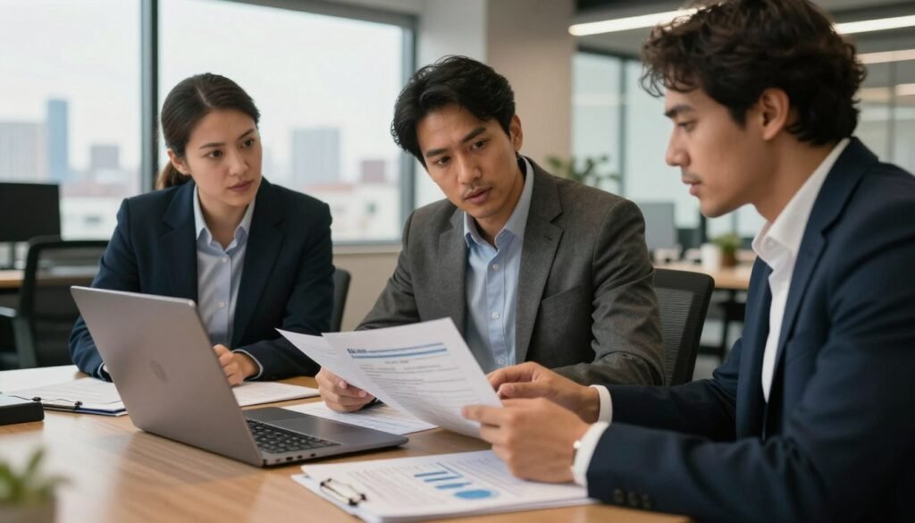 An office setting focused on the industrial property financing application process, featuring a diverse group of three professionals in business attire, engaged in a discussion over documents and a laptop. In the foreground, a laptop and a stack of application forms with charts and graphs visible. In the middle, the professionals, two men and one woman, discussing details seriously, with focus and determination on their faces. The background shows an office with large windows, letting in natural light, with a silhouette city view that suggests an industrial landscape. The overall atmosphere is collaborative and professional, under warm, ambient lighting that conveys a sense of opportunity and growth. The scene reflects the branding of "Thorne CRE" subtly through the color scheme and decor elements.