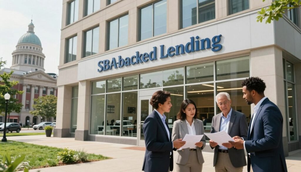 An urban landscape in Pennsylvania, showcasing a modern commercial building representing SBA-backed lending. In the foreground, a diverse group of professionals in business attire are engaged in a discussion or reviewing documents, highlighting collaboration and growth. The middle features a contemporary bank with large glass windows displaying a welcoming atmosphere, symbolizing financial support and security. In the background, iconic Pennsylvania architecture blends with green spaces, reflecting stability and community. Soft, natural lighting illuminates the scene, creating an inviting and optimistic mood. The angle is slightly angled up to give a sense of elevation and aspiration, emphasizing a future of business stability through strategic financing.