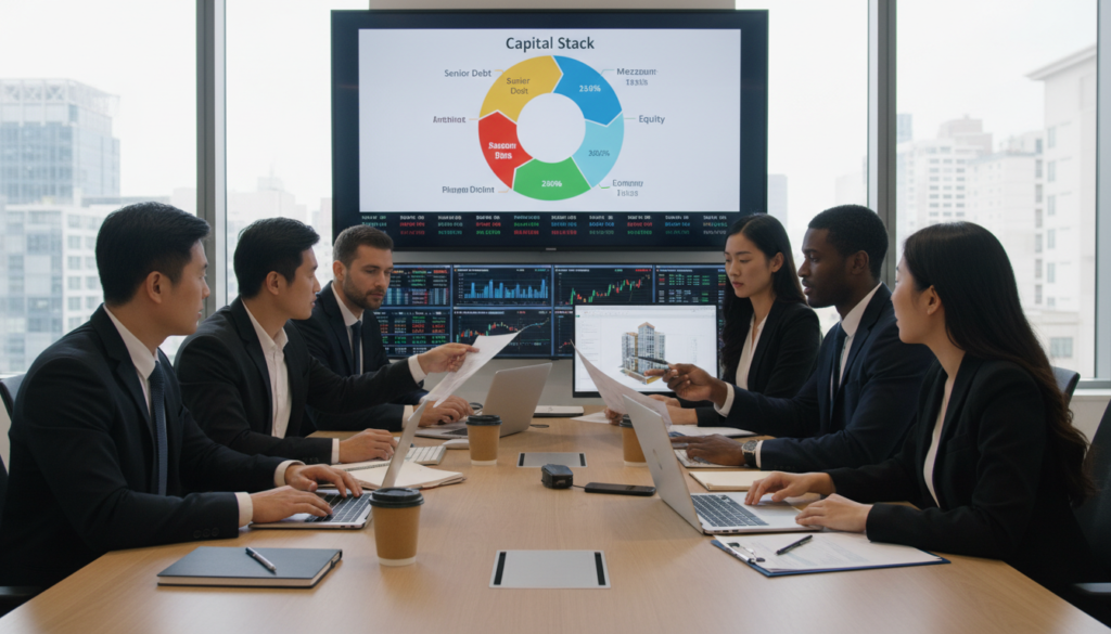 Commercial real estate financing team reviewing capital stack options for a client project