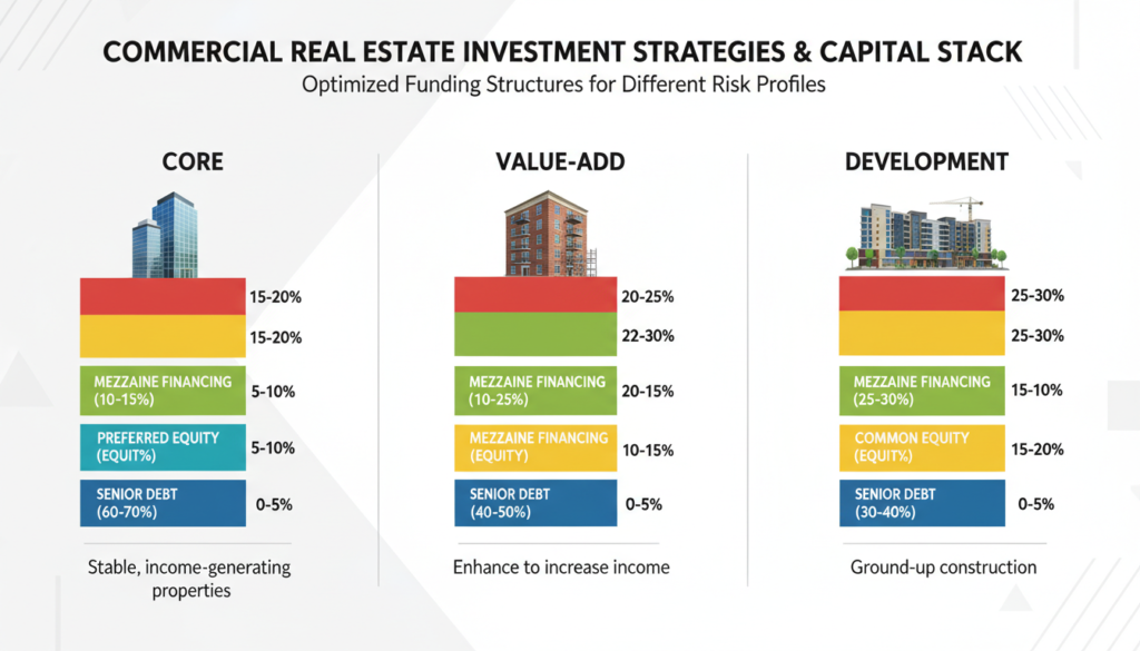 Commercial real estate investment strategies mapped to optimal capital stack structures