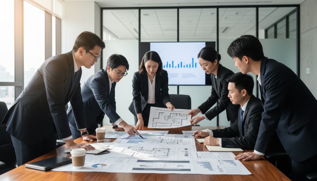 Commercial real estate professionals analyzing financing options for a property development