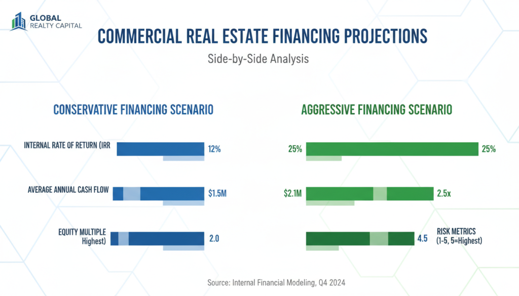 Comparison chart of two commercial real estate financing approaches showing risk and return profiles