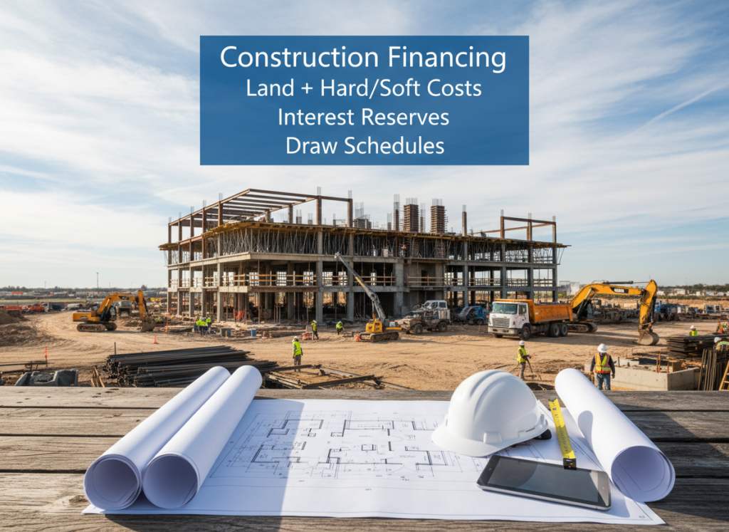 Construction loan for commercial real estate development showing building site with architectural plans