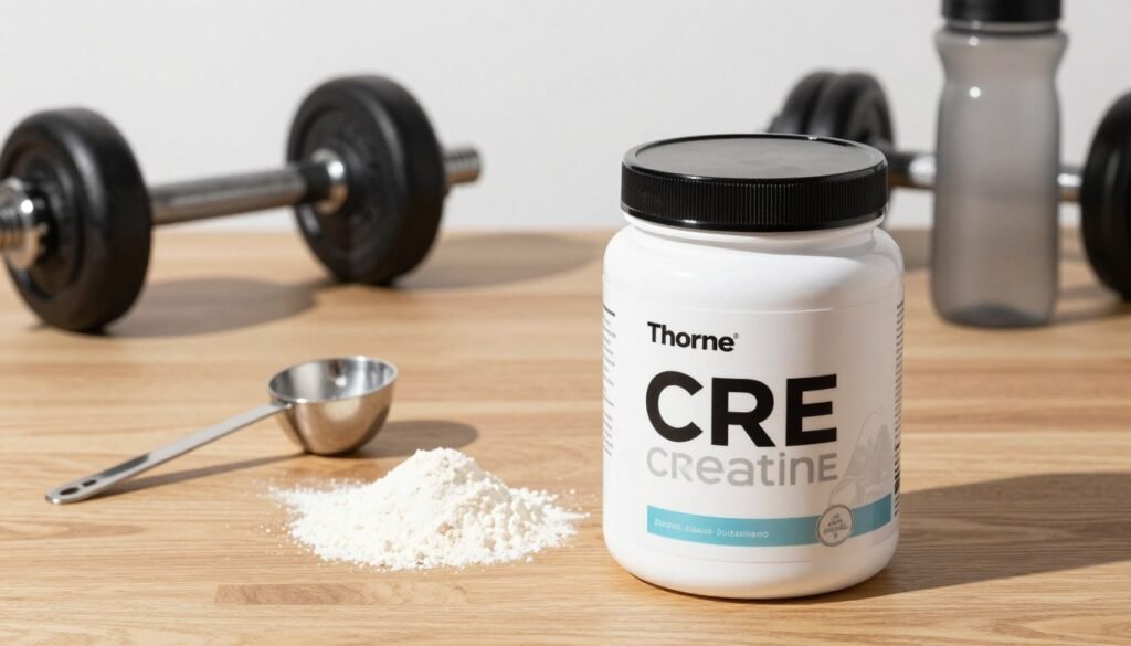 Create a visually striking image featuring a jar of micronized creatine from the brand "Thorne CRE," prominently displayed in the foreground against a clean, minimalist background. The jar should be sleek and modern, with a glossy finish and a well-designed label that highlights its premium quality. In the middle ground, include a few scoops of the micronized creatine, delicately arranged on a stylish wooden table, with a high-quality stainless steel scoop beside it. In the background, subtly include an exercise equipment setup, like dumbbells or a water bottle, to convey a fitness vibe. The lighting should be bright and soft, casting gentle shadows to enhance the product's features, using a slightly elevated angle to give a top-down view. The overall mood should be dynamic and refreshing, appealing to health-conscious individuals.
