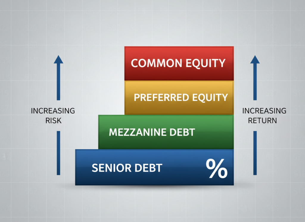 Detailed commercial real estate financing capital stack showing risk and return profiles