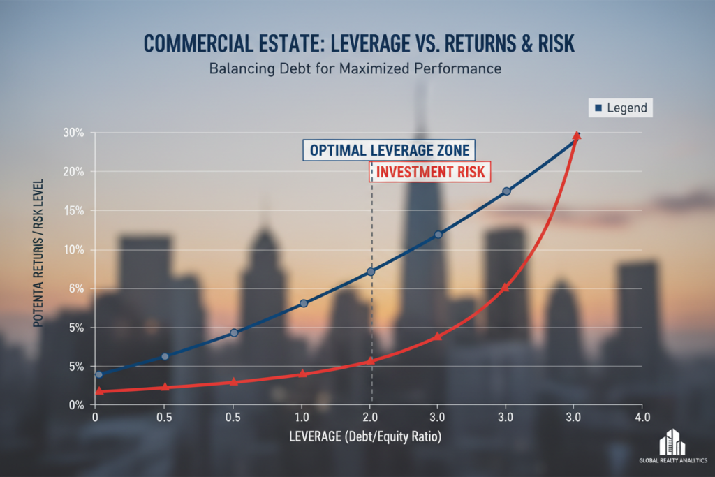 Graph showing the relationship between leverage and returns in commercial real estate financing