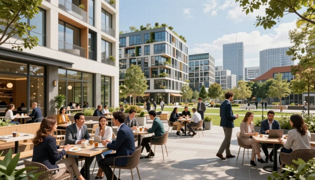 In a modern urban landscape, depict a vibrant mixed-use development featuring a harmonious blend of residential, commercial, and recreational spaces. In the foreground, showcase a stylish café with outdoor seating, where professionals in business attire engage in discussions with a backdrop of modern architecture. The middle ground should feature diverse people collaborating in a co-working space, illuminated by soft natural light from large windows. In the background, include a skyline with innovative green buildings and parks, highlighting sustainability. The atmosphere should feel dynamic and forward-thinking, with a bright, optimistic color palette. Capture this scene with a wide-angle lens to emphasize the scale and integration of these environments. Include a subtle branding element for "Thorne CRE" integrated into the design of one of the buildings.