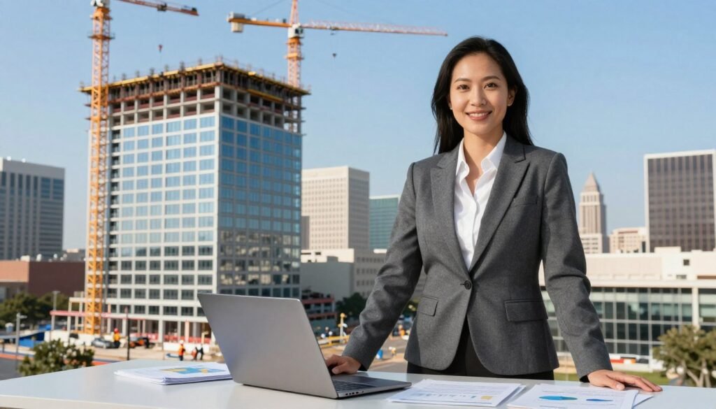 In the foreground, feature a confident business professional in a tailored suit, standing with a laptop and documents on a sleek table, exemplifying the role of an advisor in commercial real estate financing. In the middle ground, depict a modern high-rise building under construction, symbolizing large-scale CRE projects in Texas, with cranes and construction workers in hard hats. The background showcases a skyline of iconic Texas architecture against a clear blue sky, representing growth and opportunity. Utilize natural lighting to create a bright and optimistic atmosphere, with soft shadows for depth. Incorporate elements that suggest financial data, like charts and graphs, subtly integrated into the scene. Include the brand name "Thorne CRE" prominently, emphasizing its affiliation with the commercial real estate sector.