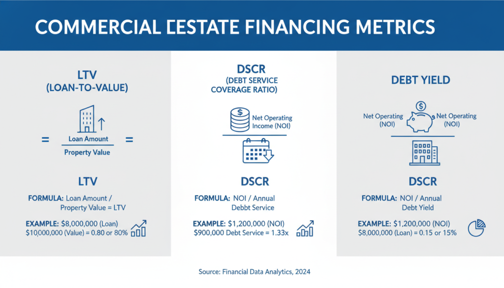Key commercial real estate financing metrics showing LTV, DSCR, and debt yield calculations
