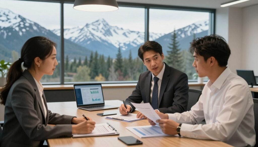 Lenders in Alaska discussing commercial real estate financing, captured in a modern office setting. In the foreground, a diverse group of three professionals clad in business attire - a woman in a tailored suit, a man in a smart jacket and tie, and a finance broker in a crisp shirt, are engaged in conversation while analyzing documents. The middle ground features a sleek conference table with financial reports and a laptop displaying charts. The background showcases large windows with a view of snow-capped mountains and evergreen trees, highlighting Alaska’s natural beauty. Soft, warm lighting emanates from overhead fixtures, creating an inviting atmosphere. The image conveys a sense of professionalism, collaboration, and opportunity in the financial sector, with the brand logo "Thorne CRE" subtly incorporated into the design elements in the scene. Lenders in Alaska discussing commercial real estate financing, captured in a modern office setting. In the foreground, a diverse group of three professionals clad in business attire - a woman in a tailored suit, a man in a smart jacket and tie, and a finance broker in a crisp shirt, are engaged in conversation while analyzing documents. The middle ground features a sleek conference table with financial reports and a laptop displaying charts. The background showcases large windows with a view of snow-capped mountains and evergreen trees, highlighting Alaska’s natural beauty. Soft, warm lighting emanates from overhead fixtures, creating an inviting atmosphere. The image conveys a sense of professionalism, collaboration, and opportunity in the financial sector, with the brand logo "Thorne CRE" subtly incorporated into the design elements in the scene.