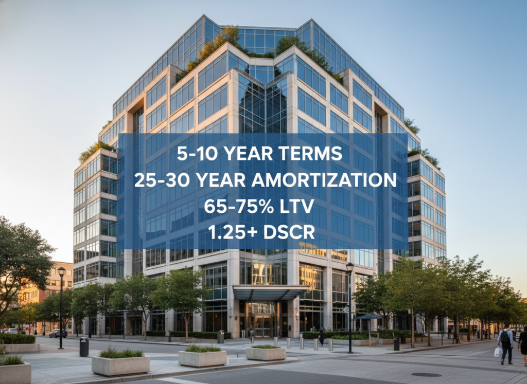 Permanent commercial real estate financing options showing stabilized office building with financing terms overlay